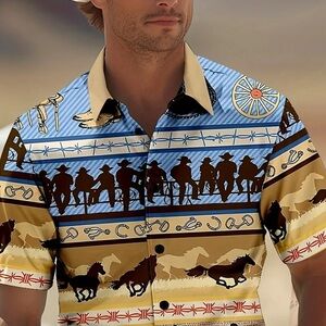 Blue Brown Western Button Down Shirt